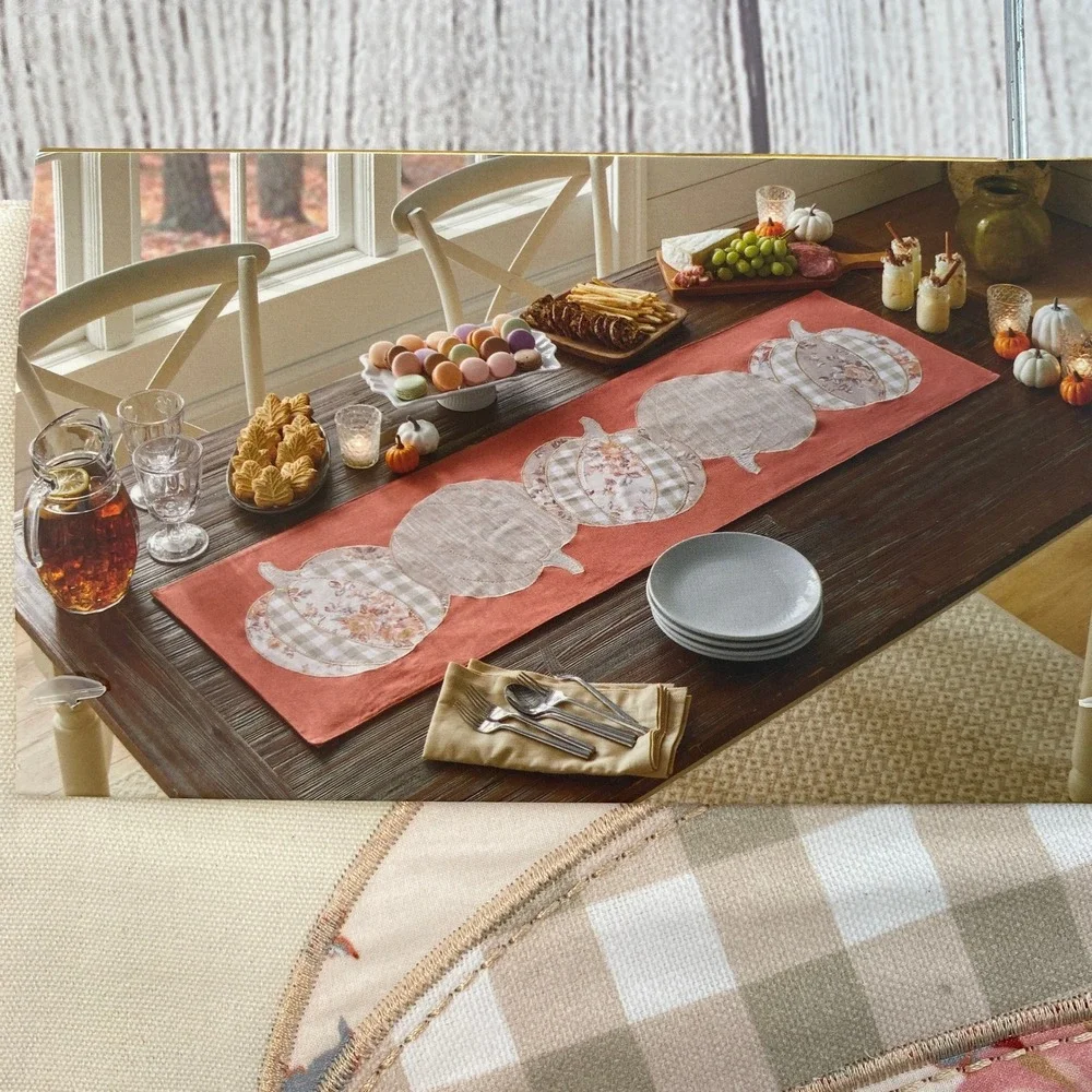 Shabby Chic Table Runner 14x48 Cream Tan Pumpkin Floral Gingham Applique Autumn